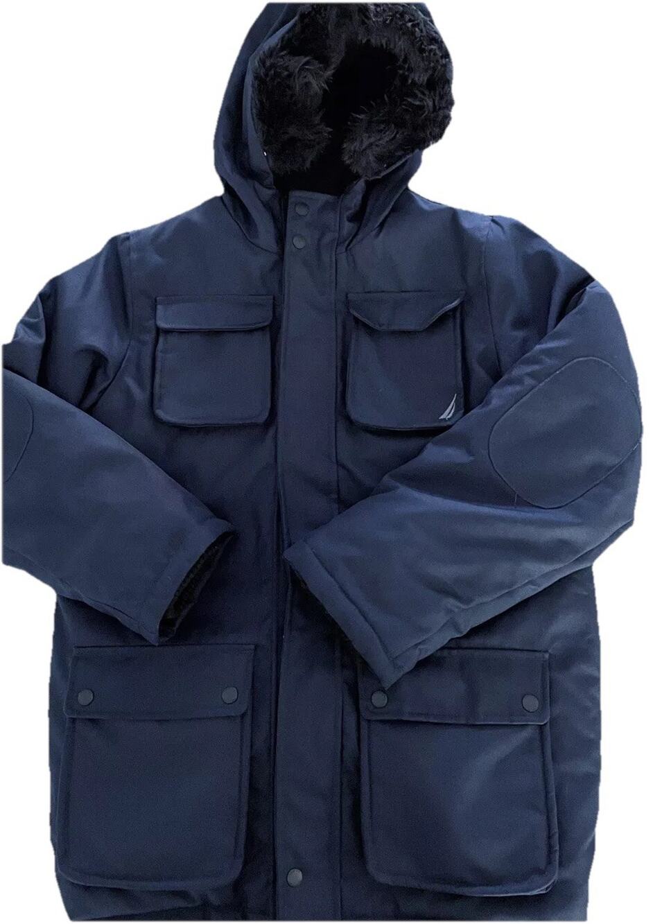 Nautica Women’s L Winter Parka Jacket Hooded Navy Blue Faux Fur Lined Warm Coat
